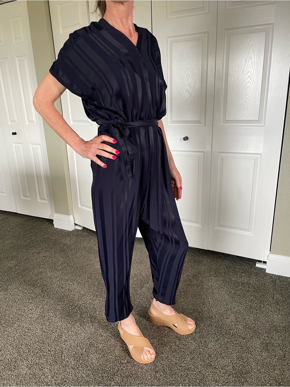 Women’s Navy Stripe Jumpsuit with Tie Waist